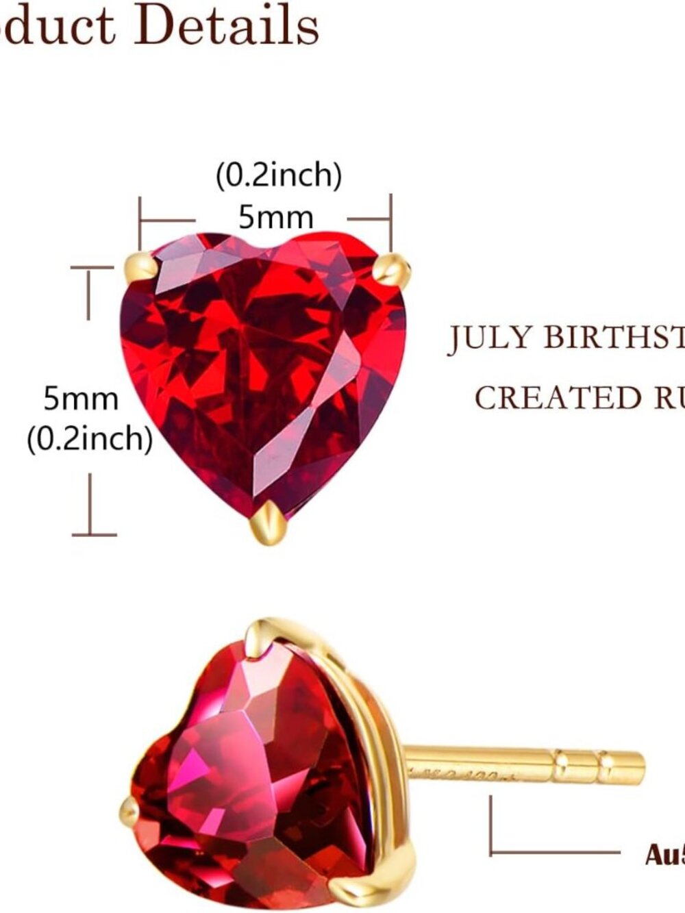 14k Gold Birthstone Heart Stud Earrings - Ruby Gemstone For Women & Moms View 2